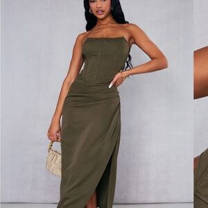 KHAKI WOVEN RUCHED MIDAXI SKIRT